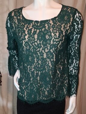 Rose & Olive Emerald Green Floral Lace Long-Sleeve Blouse